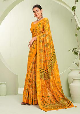 Orange Paisley Printed Georgette Saree