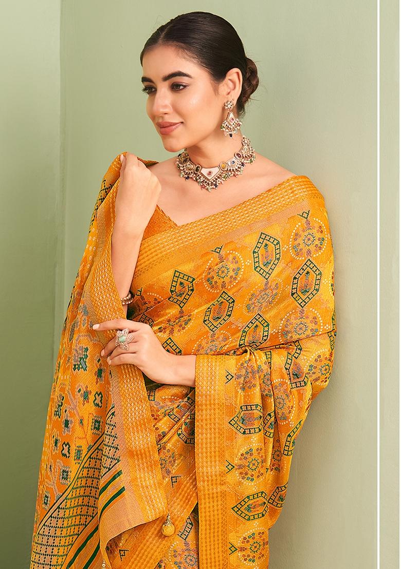 Orange Paisley Printed Georgette Saree