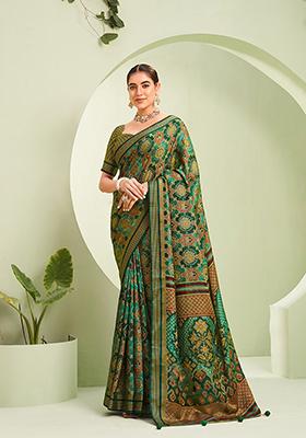 Green Paisley Printed Georgette Saree
