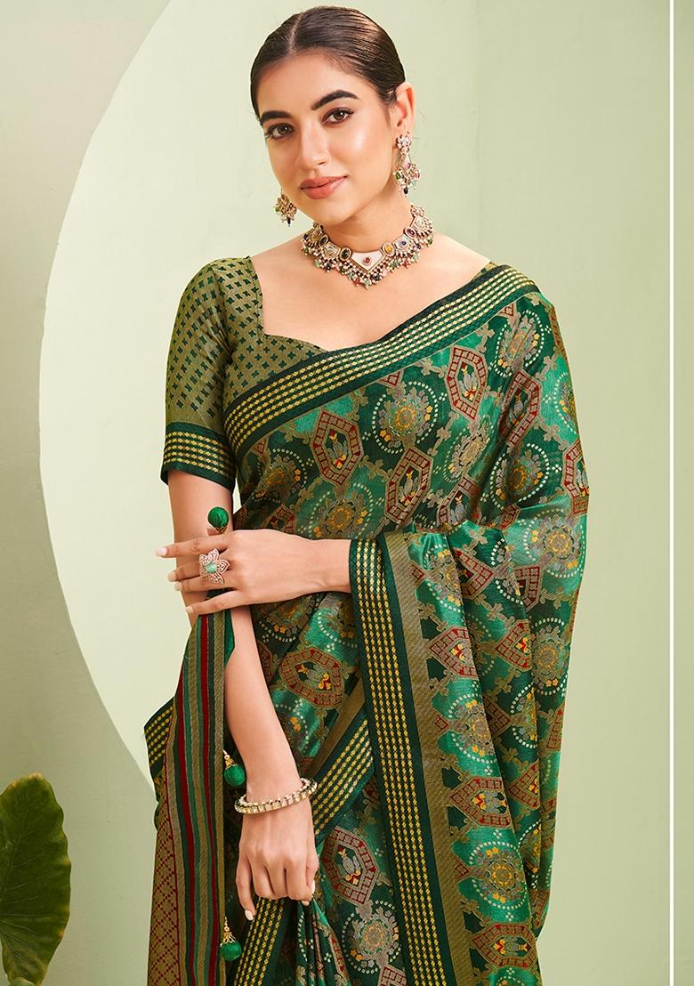 Green Paisley Printed Georgette Saree