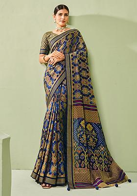 Navy Blue Paisley Printed Georgette Saree