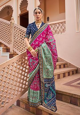 Rani Pink Printed Silk Saree