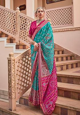 Turquoise Printed Silk Saree