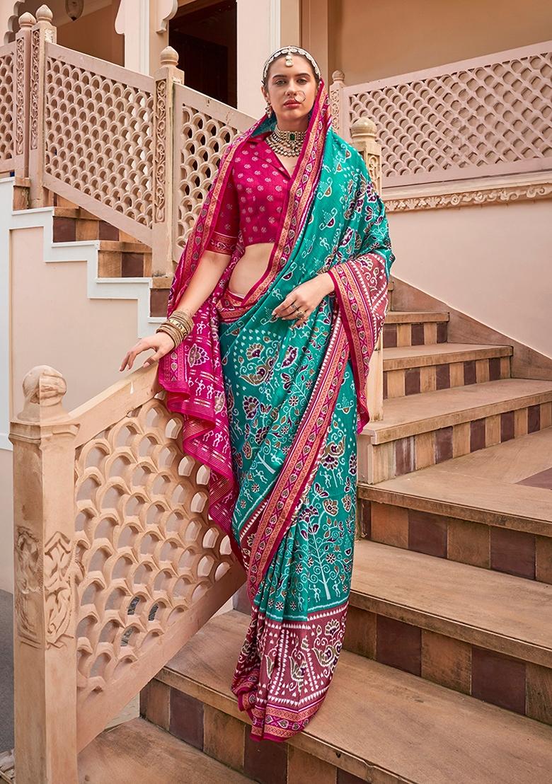 Turquoise Printed Silk Saree