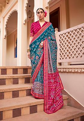 Teal Printed Silk Saree