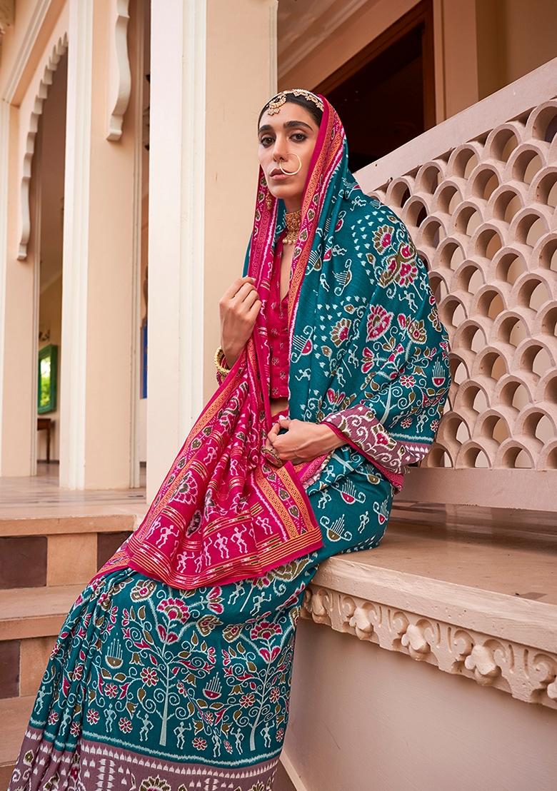 Teal Printed Silk Saree