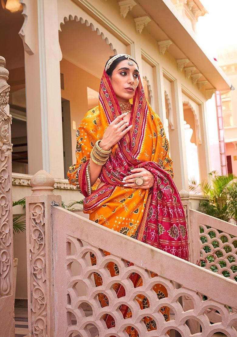 Orange Printed Silk Saree
