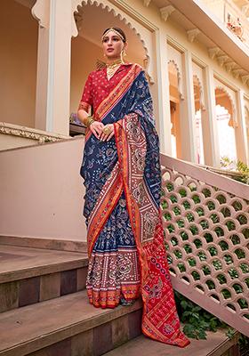 Navy Blue Printed Silk Saree