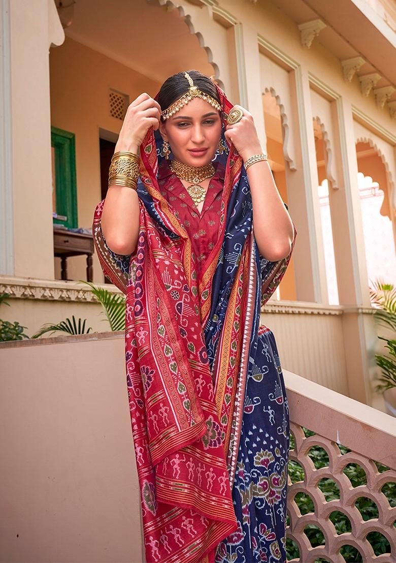 Navy Blue Printed Silk Saree