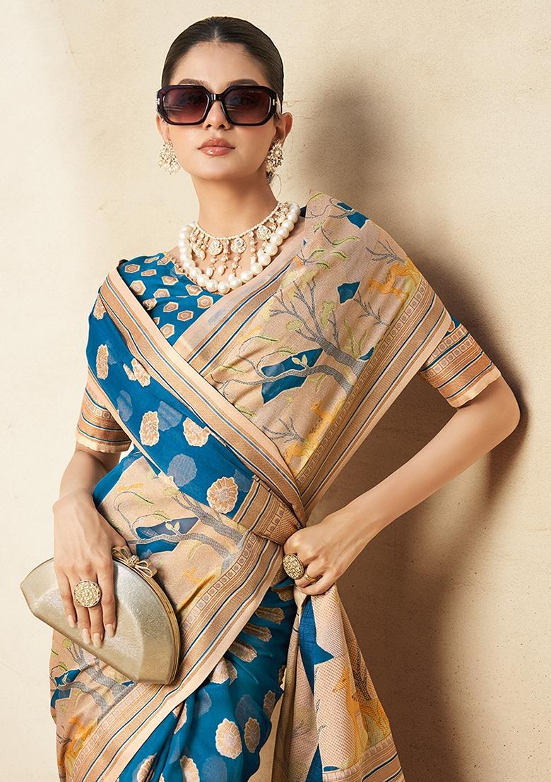 Blue Zari Embroidered Georgette Saree