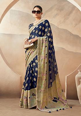 Navy Blue Zari Embroidered Georgette Saree