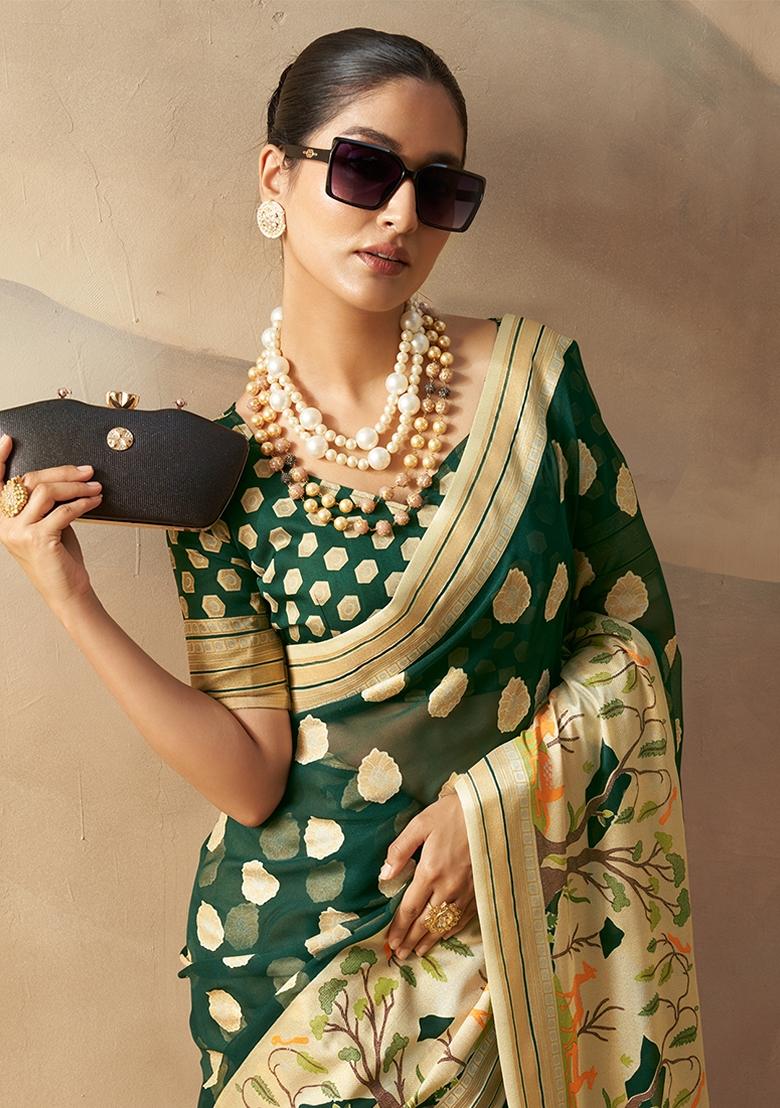 Dark Green Zari Embroidered Georgette Saree