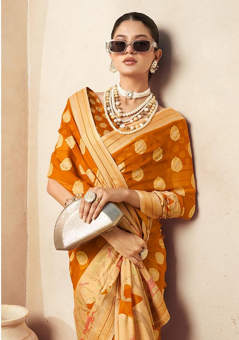 Orange Zari Embroidered Georgette Saree
