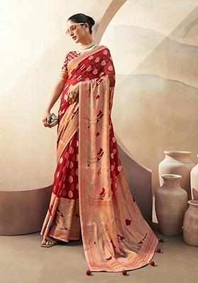 Red Zari Embroidered Georgette Saree