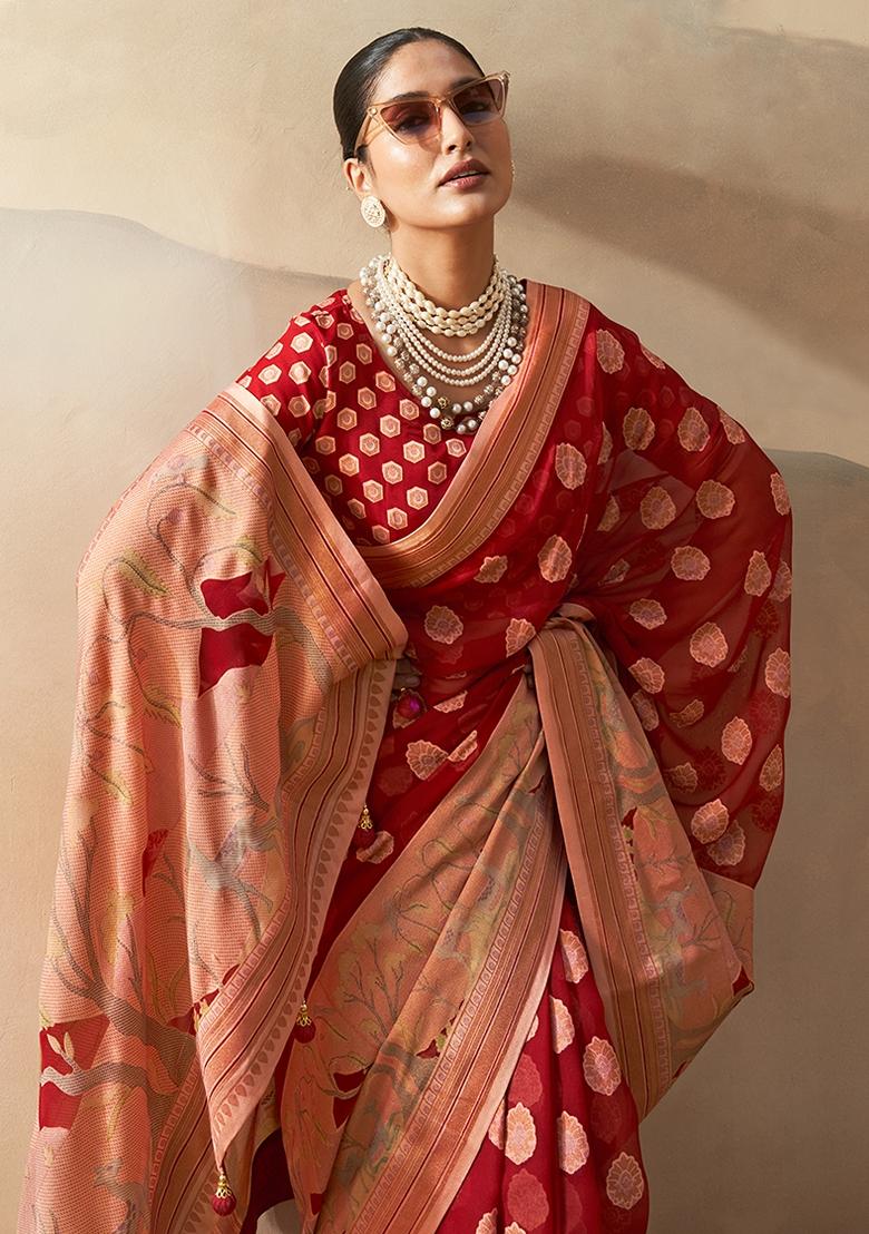 Red Zari Embroidered Georgette Saree