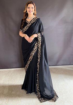 Black Sequin Embroidered Faux Georgette Pre-Stitched Saree