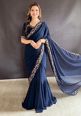 Blue Sequin Embroidered Faux Georgette Pre-Stitched Saree