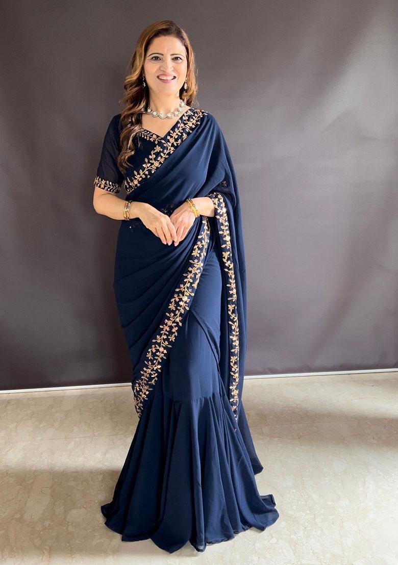Blue Sequin Embroidered Faux Georgette Pre-Stitched Saree