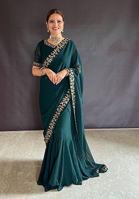 Green Sequin Embroidered Faux Georgette Pre-Stitched Saree