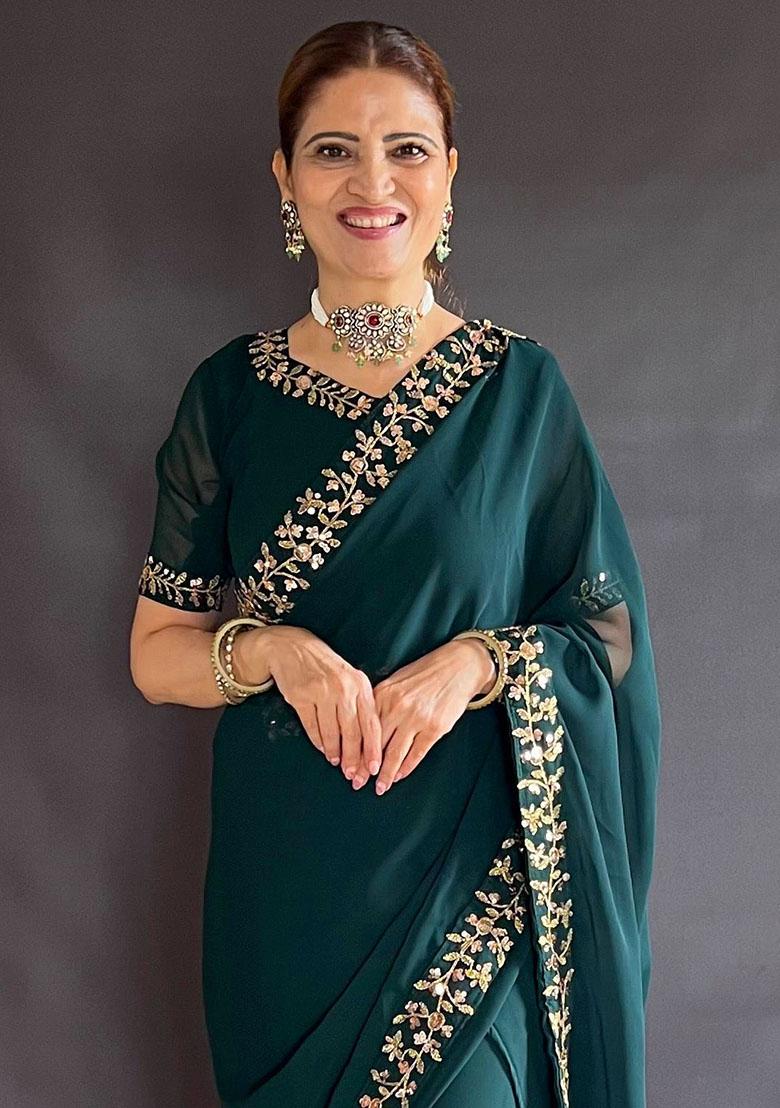 Green Sequin Embroidered Faux Georgette Pre-Stitched Saree