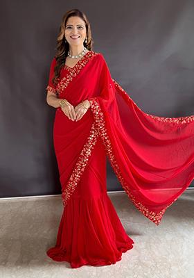 Red Sequin Embroidered Faux Georgette Pre-Stitched Saree