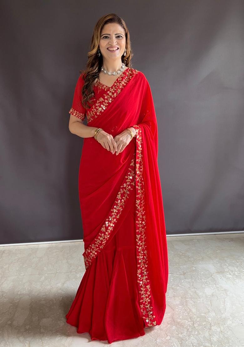 Red Sequin Embroidered Faux Georgette Pre-Stitched Saree
