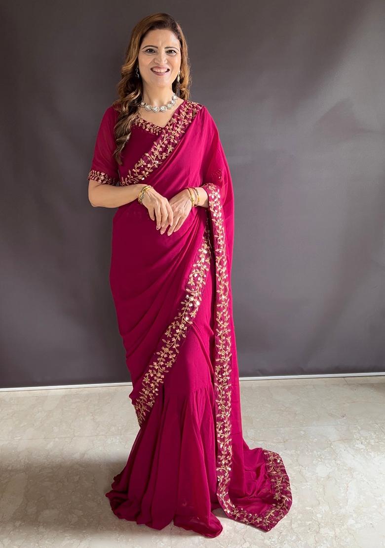 Pink Sequin Embroidered Faux Georgette Pre-Stitched Saree