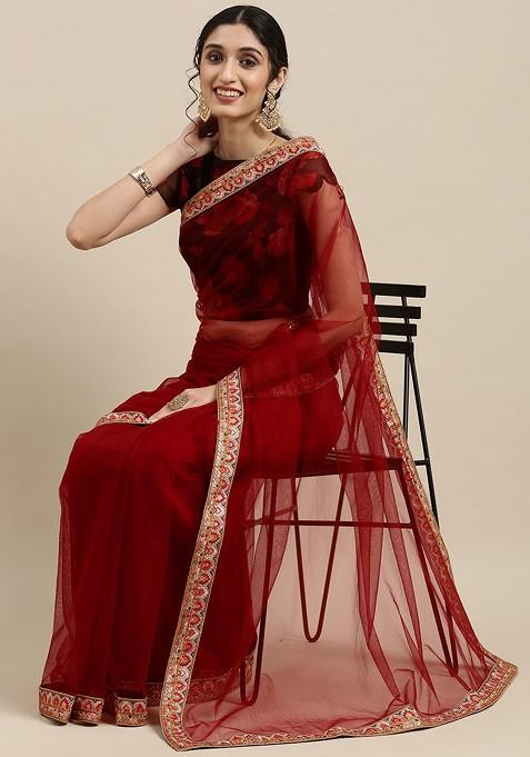 Red Embroidered Poly Blend Saree Set