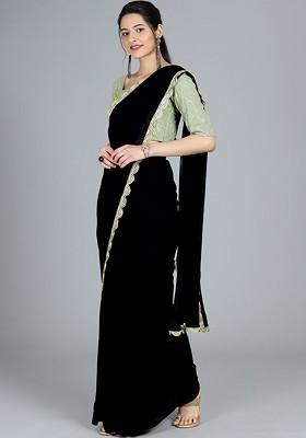 Black Solid Poly Blend Saree Set