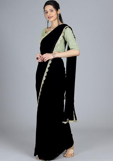 Black Solid Poly Blend Saree Set