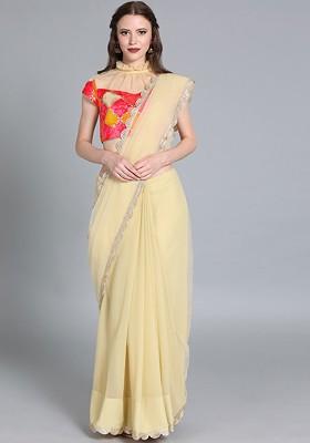 Beige Solid Poly Blend Saree Set
