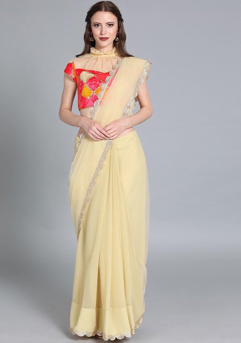 Beige Solid Poly Blend Saree Set