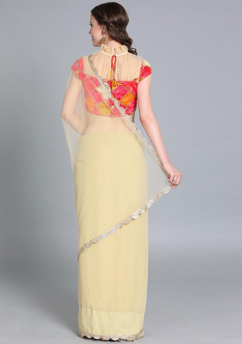 Beige Solid Poly Blend Saree Set