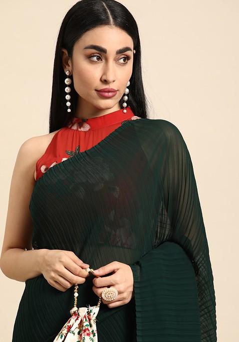 Green Solid Poly Blend Saree Set