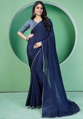 Navy Blue Solid Poly Blend Saree Set