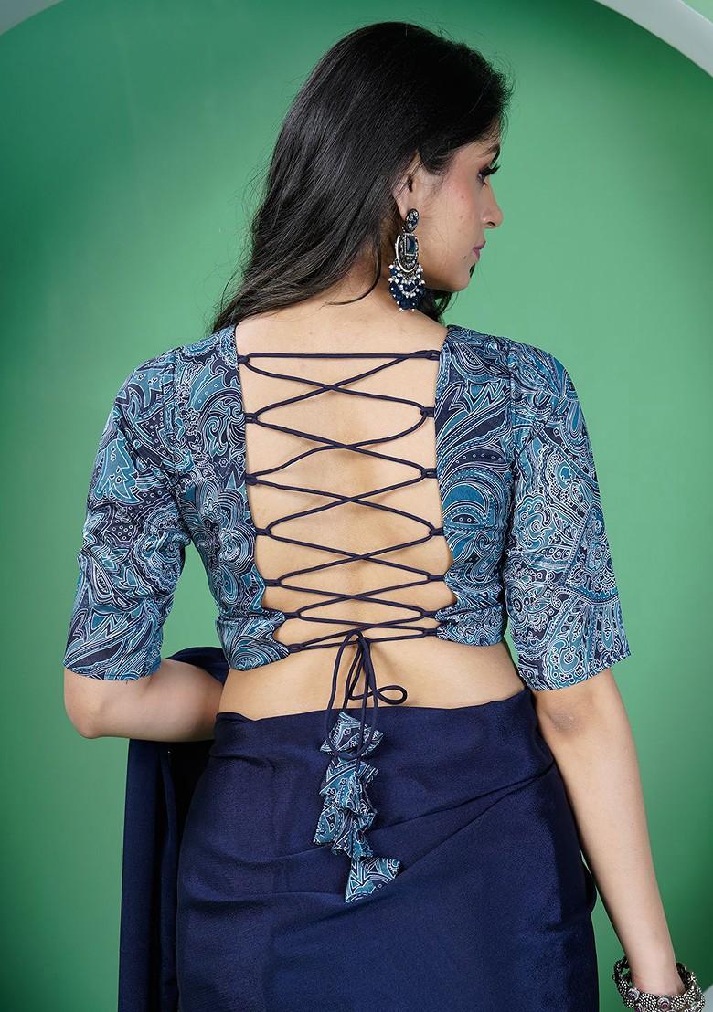 Navy Blue Solid Poly Blend Saree Set