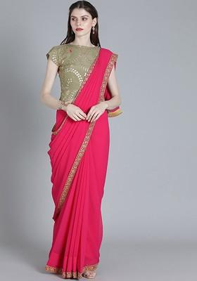 Pink Solid Poly Blend Saree Set