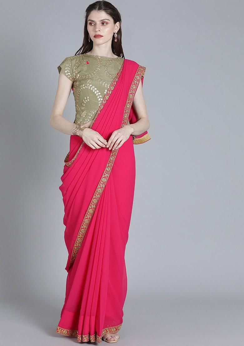 Pink Solid Poly Blend Saree Set