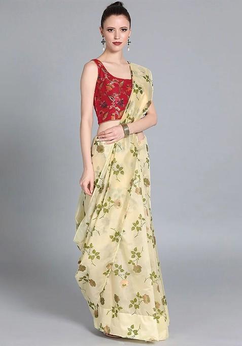 Red Floral Embroidered Poly Blend Saree Set
