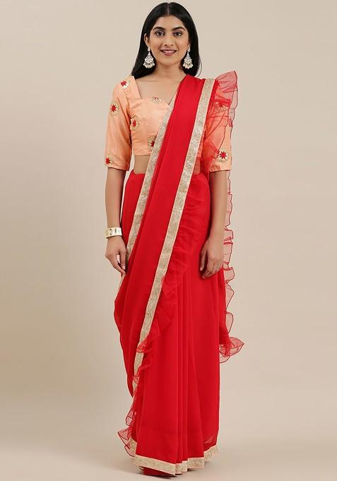 Red Solid Poly Blend Saree Set
