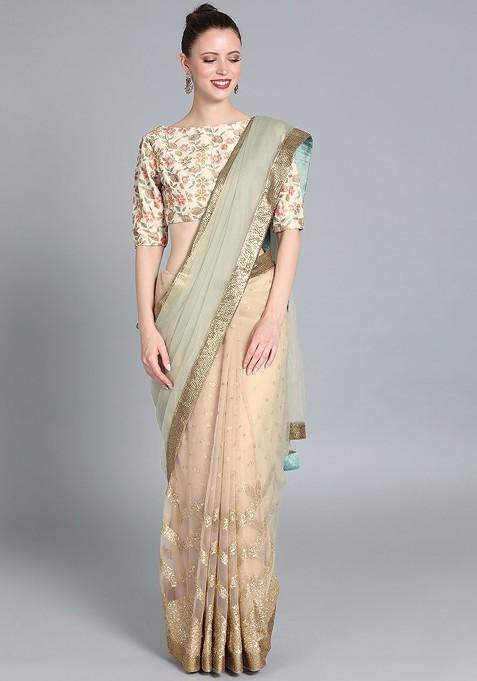 Beige Embellished Poly Blend Saree Set