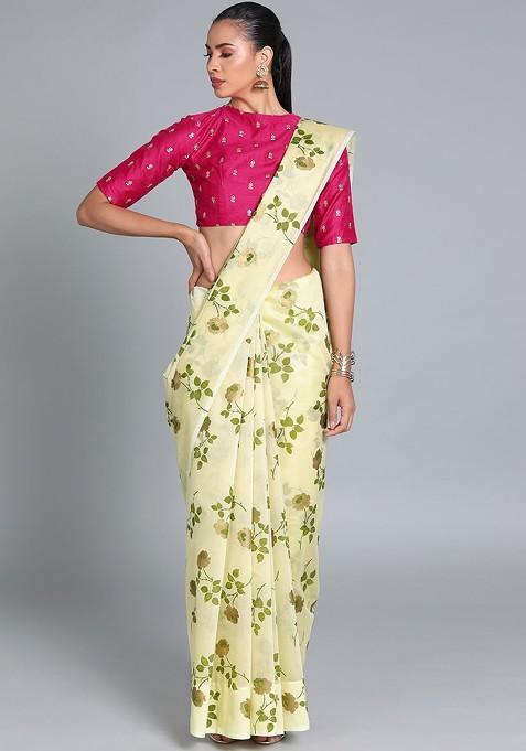 Cream Printed Poly Blend Saree Set