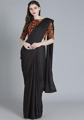 Black Solid Poly Blend Saree Set