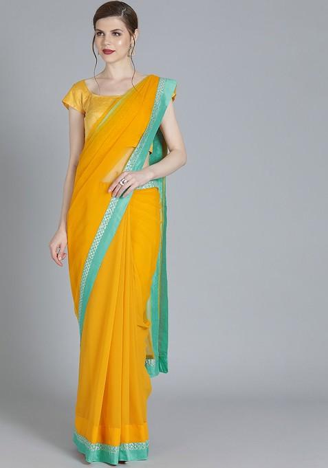 Mustard Solid Poly Blend Saree Set