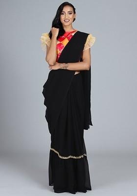 Black Solid Poly Blend Saree Set