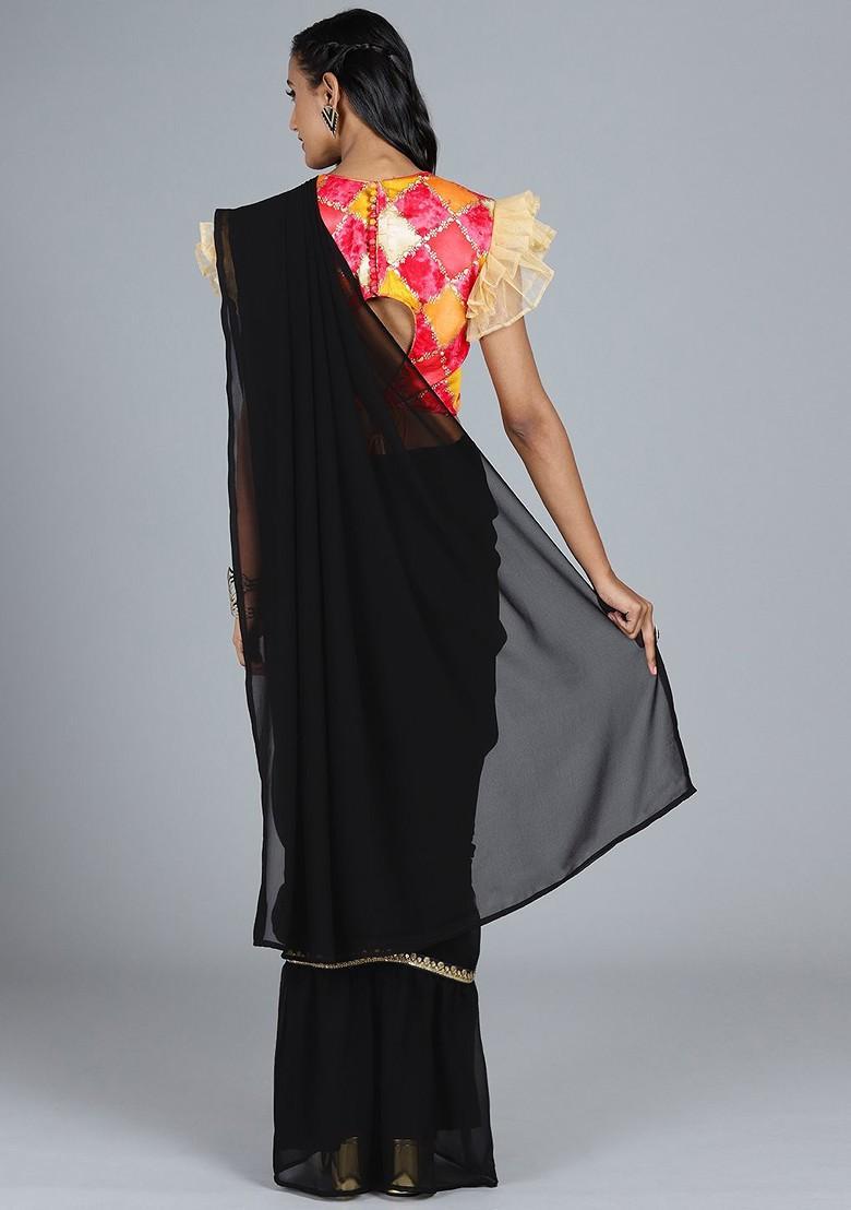 Black Solid Poly Blend Saree Set
