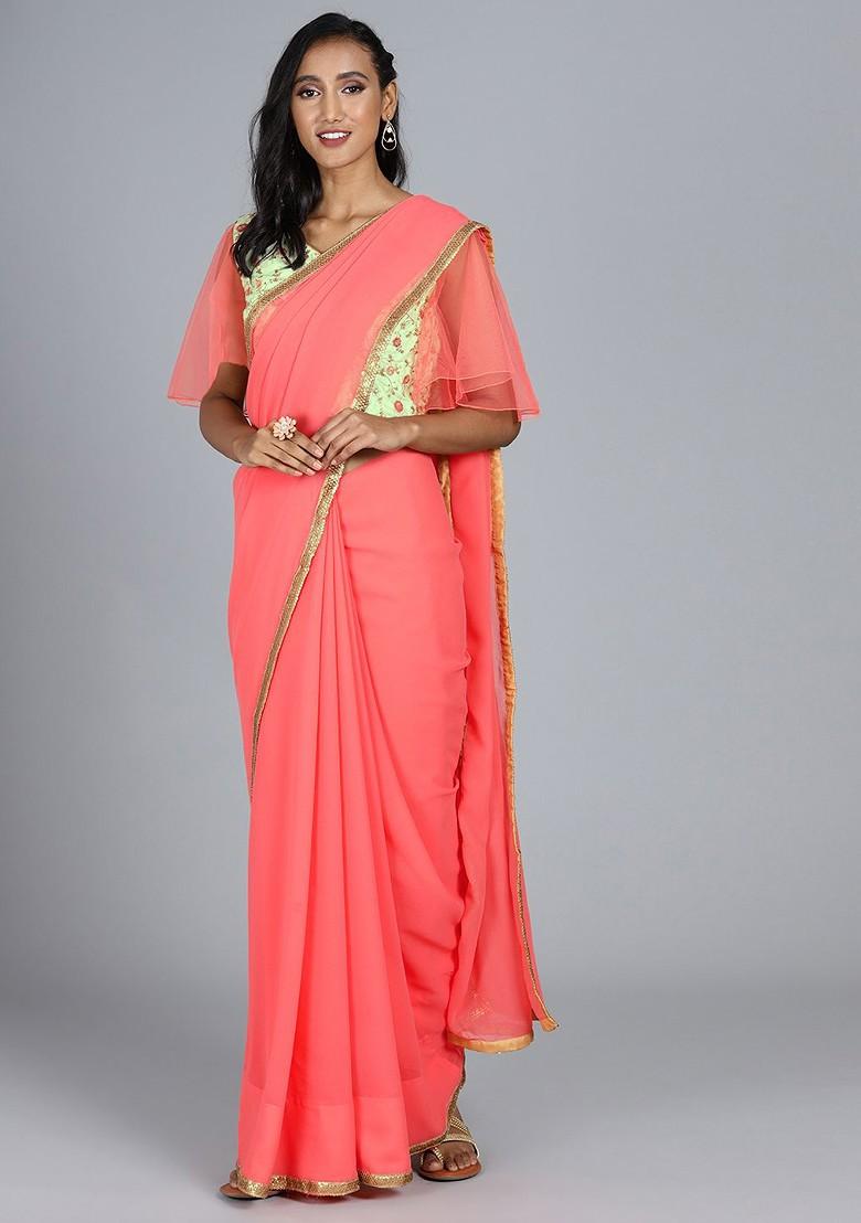 Peach Solid Poly Blend Saree Set