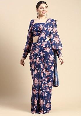 Blue Floral Print Poly Blend Saree Set