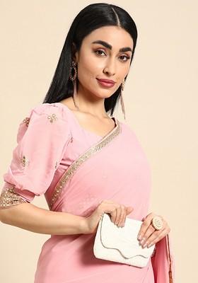 Pink Solid Poly Blend Saree Set
