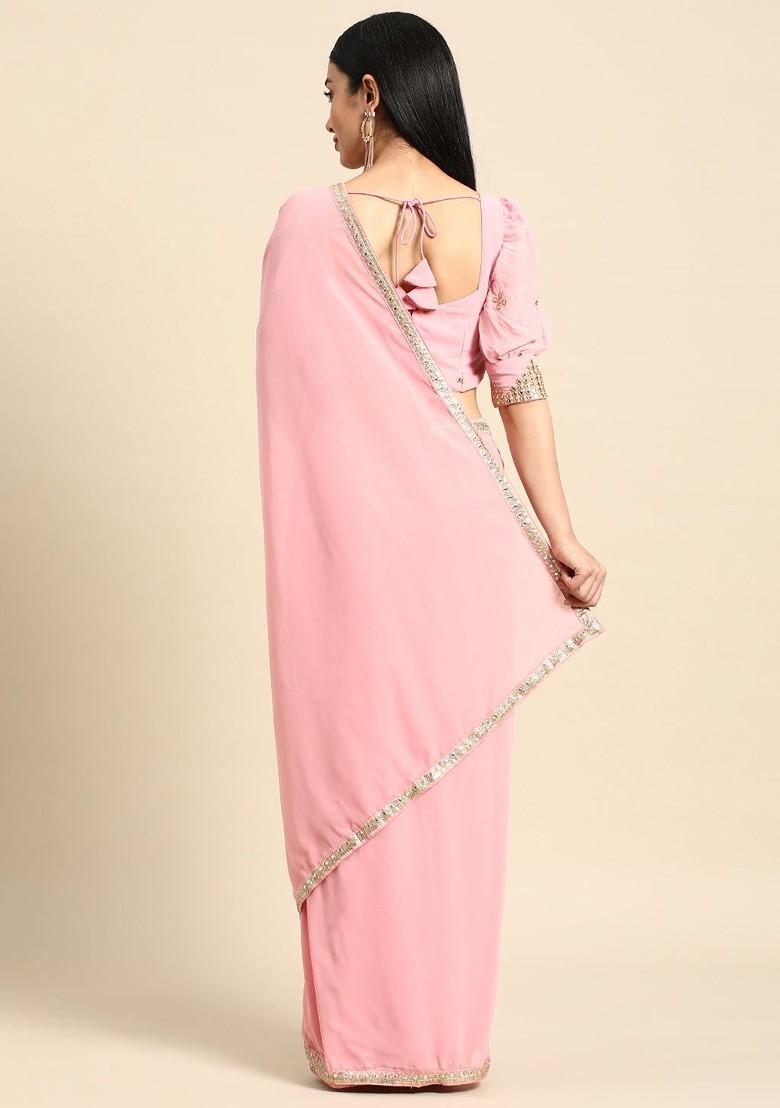 Pink Solid Poly Blend Saree Set